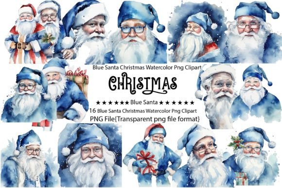 Download Blue Santa Christmas Watercolor Bundle - Blue Collection