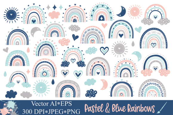 Download Pastel and Blue Cute Rainbows Clipart - Blue Collection