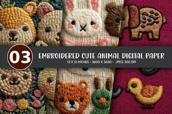 Download Embroidered Cute Animal Digital Paper - Animal Collection