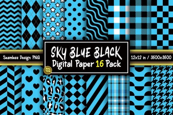 Download Sky Blue &amp; Black Digital Paper 16 Pack - Blue Collection