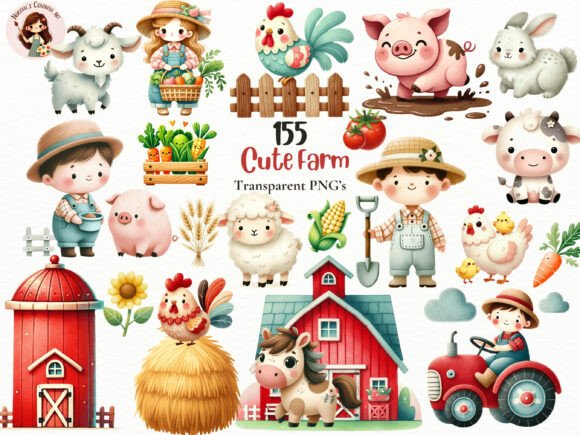 Download Watercolor Farm Kids &amp; Animals PNG Set - Animal Collection